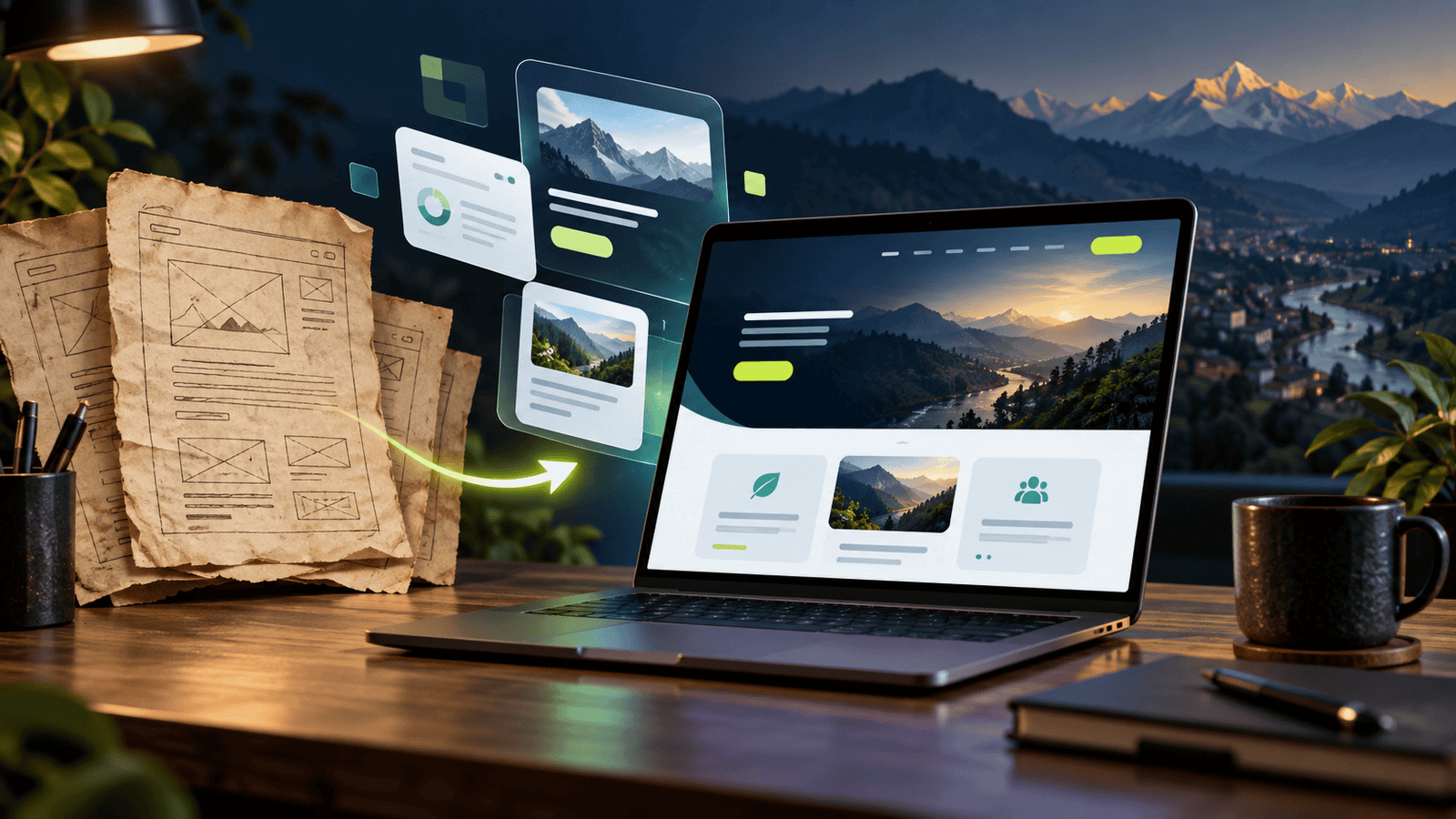 Modern website redesign on a laptop with Himalayan scenery