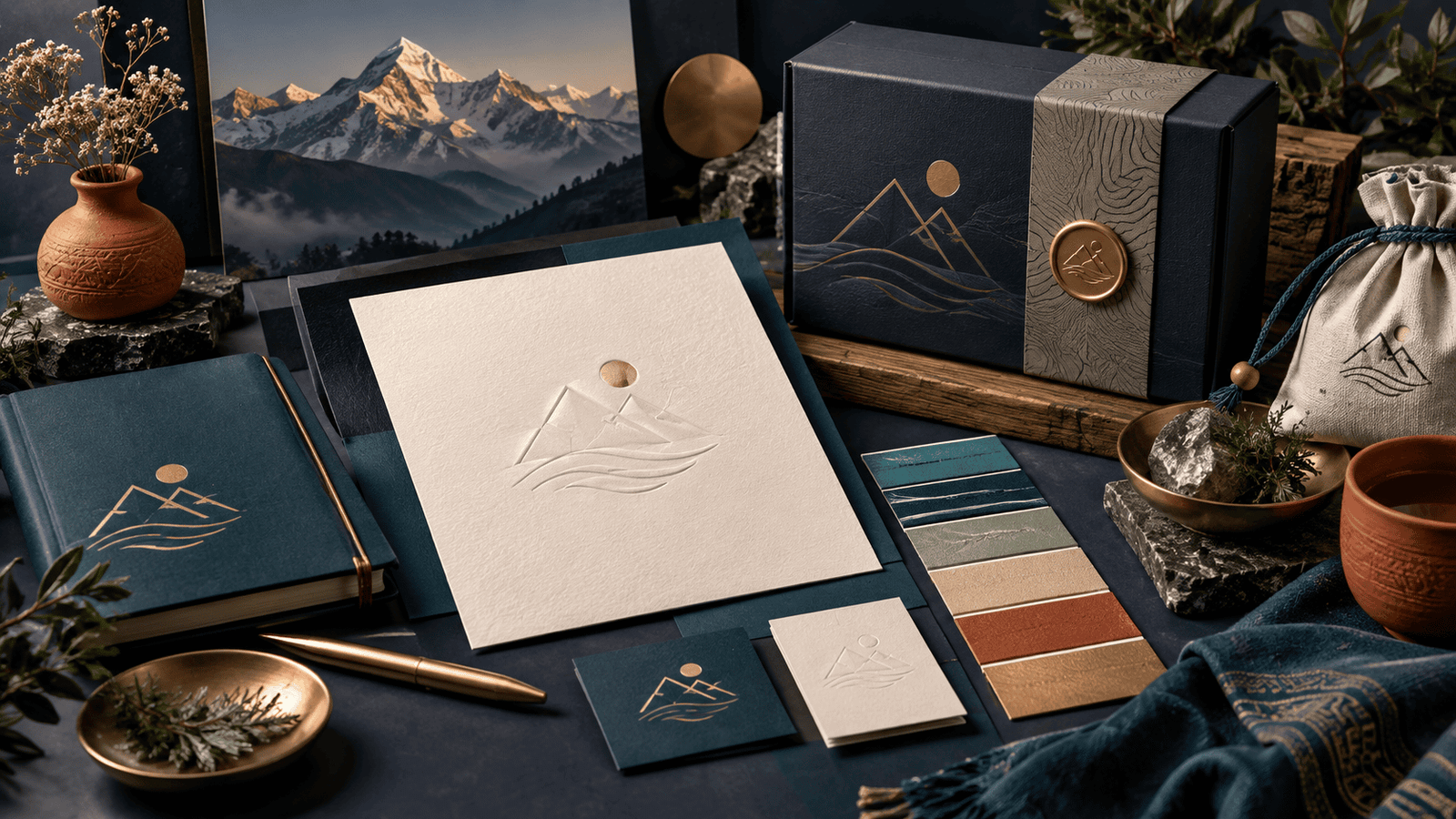 Premium stationery and packaging for a Himalayan business brand