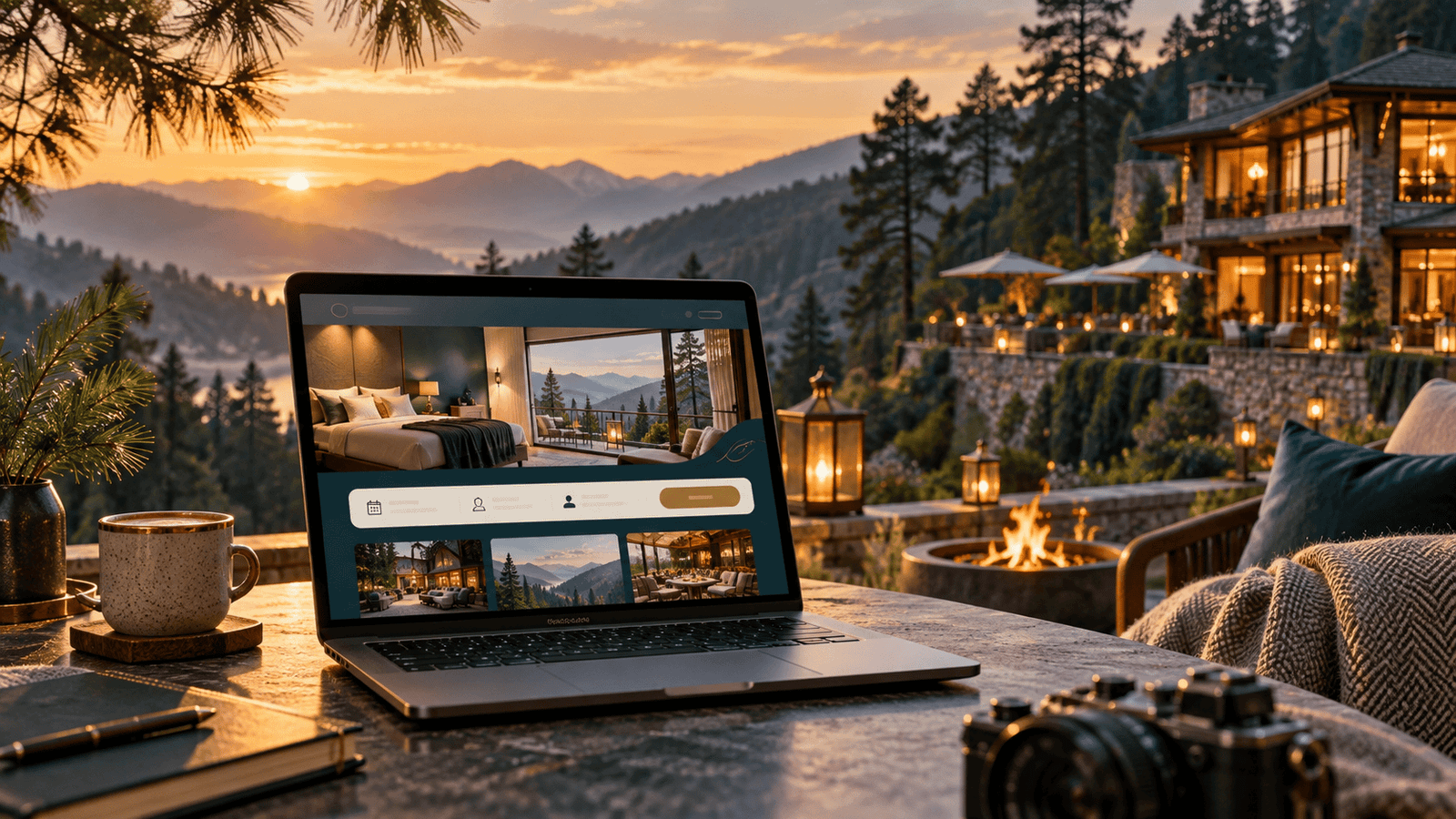 Mountain hotel with a direct booking website on a laptop