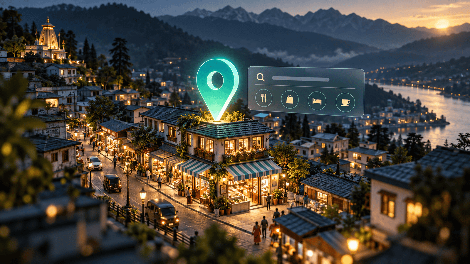 Local business discovery with a glowing location pin
