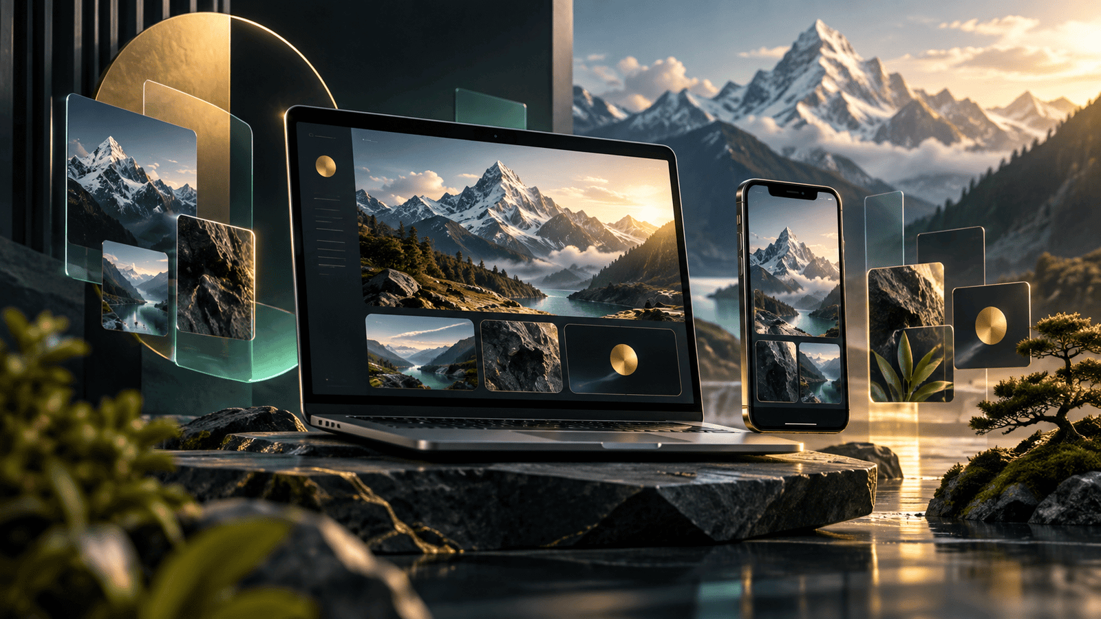Responsive modern website layouts on laptop and phone