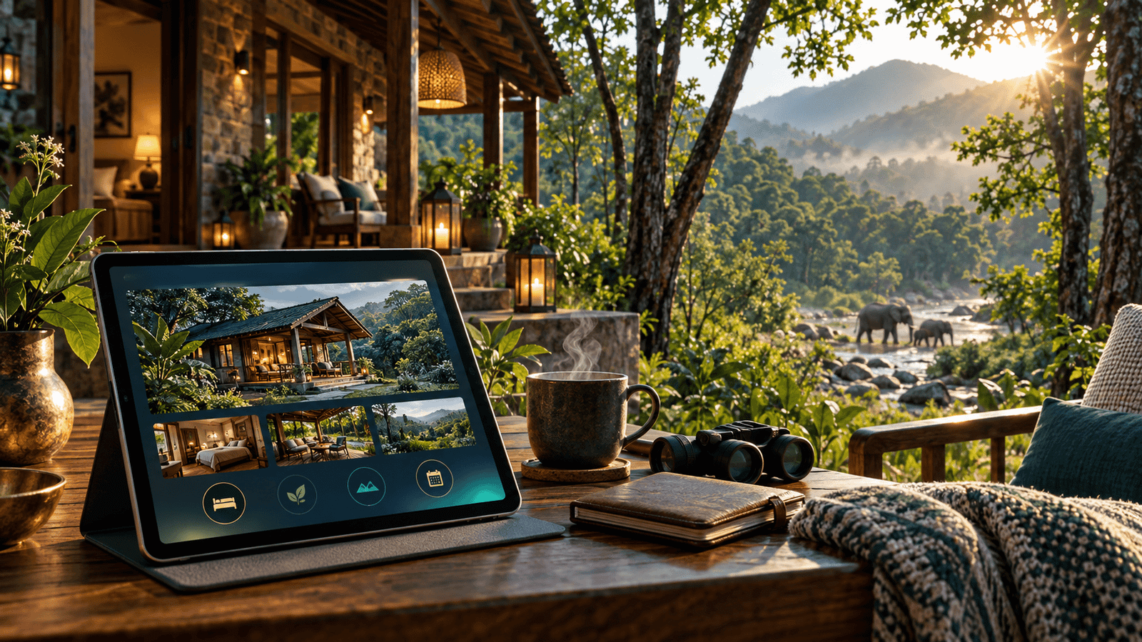 Forest homestay with a direct booking website on a tablet